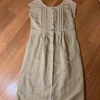 Vestito midi in lino beige con pieghe e pintuck