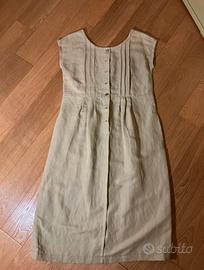 Vestito midi in lino beige con pieghe e pintuck