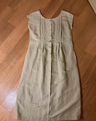 Vestito midi in lino beige con pieghe e pintuck