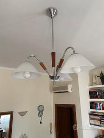 Lampadario Vintage Cromo, Legno e Vetro