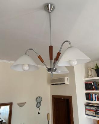 Lampadario Vintage Cromo, Legno e Vetro