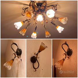 Lampadario + 3 applique in ferro battuto e vetro