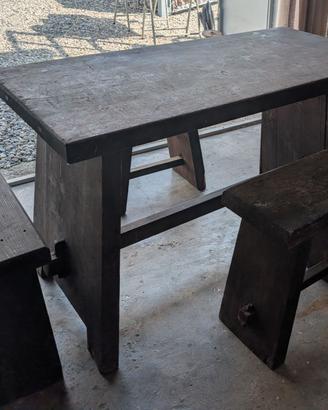 Set Tavolo in Legno Massiccio Rustico + 4 Sgabelli