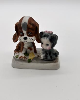 Statuetta vintage cane e gatto in porcellana