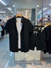 Set Camicia e Shorts Uomo Blu Navy Plissettato - M