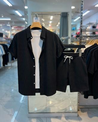 Set Camicia e Shorts Uomo Blu Navy Plissettato - M