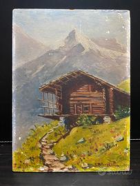 Dipinto Olio S. Meneghelli Baita Montagna 22x16