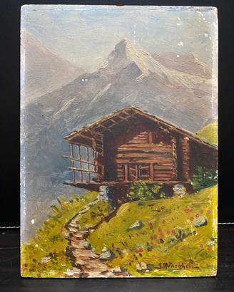 Dipinto Olio S. Meneghelli Baita Montagna 22x16