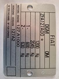 TARGHETTA TELAIO FIAT 1500 500 127 128 600 X1/9