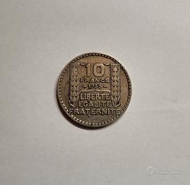 Moneta 10 Franchi Francesi del 1933 Argento 