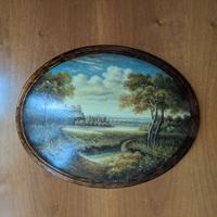 Quadro ovale vintage olio sul tavola legno cornice