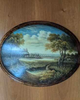 Quadro ovale vintage olio sul tavola legno cornice
