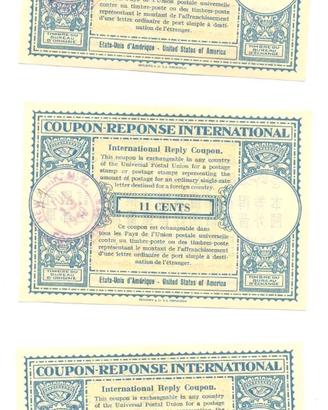 3 x 1949 NY INTERNATIONAL REPLY COUPONS 11 CENTS