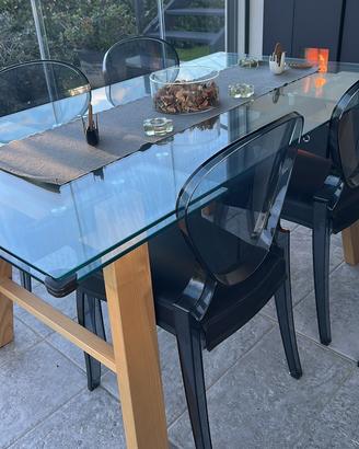 Tavolo in vetro allungabile con base legno