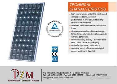 PANNELLI FOTOVOLTAICI MONOSCRISTALLINI PMZ 180W