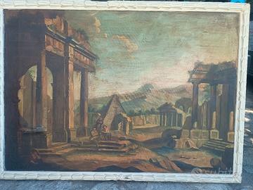 antico dipinto olio capriccio XVIII secolo 