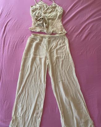 Pigiama donna S crema nude top e pantalone