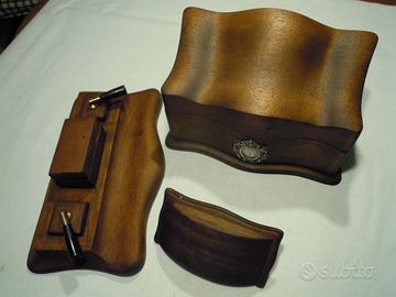 Calamaio legno fregio argento set scrivania vinta