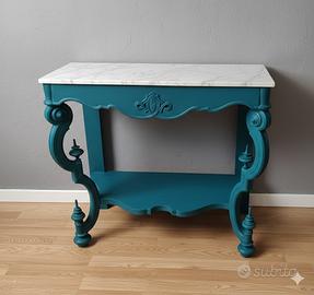 Consolle vintage restaurata - Blu ottanio e marmo