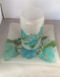 Set coordinato vaso e piatto in vetro satinato
