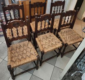 Set 6 Sedie Rustiche Vintage in Legno e Paglia