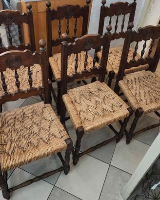 Set 6 Sedie Rustiche Vintage in Legno e Paglia