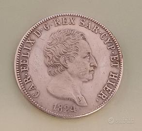 Moneta 5 lire 1824 Sardegna Car Felix Rex Sar Cyp