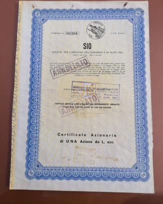 Azione SIO 1 - Certificato azionario antico