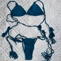 Bikini donna blu petrolio con laccetti e frange L