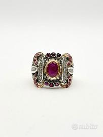 Anello oro 18KT diamanti rubini, epoca 1950.