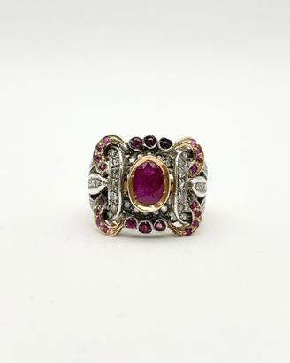 Anello oro 18KT diamanti rubini, epoca 1950.