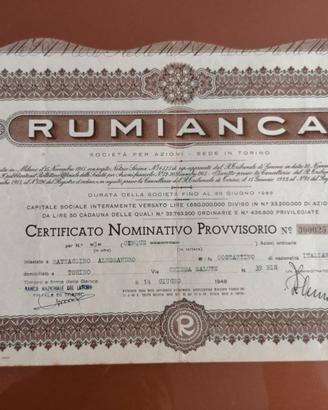 Azione Rumianca - Certificato azionario antico