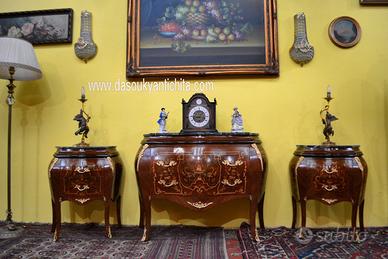 Comò e coppia  comodini intarsiati stile Luigi XV