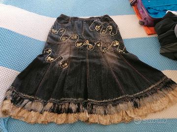 gonna lunga  jeans tg 48 ricamata pizzo e perline 