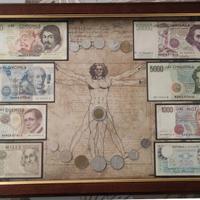 Quadro Banconote e Monete lire italiane autentiche