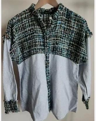 Zara Basic Tweed Shoulder Striped Button Up Shirt