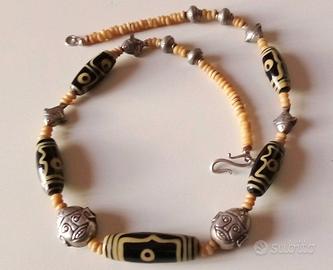 COLLANA TIBETANA 56cm CON AGATA, AMBRA e ARGENTO