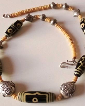 COLLANA TIBETANA 56cm CON AGATA, AMBRA e ARGENTO