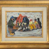 Basso Ragni pittore quadro olio Figure con cavallo