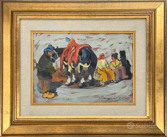 Basso Ragni pittore quadro olio Figure con cavallo