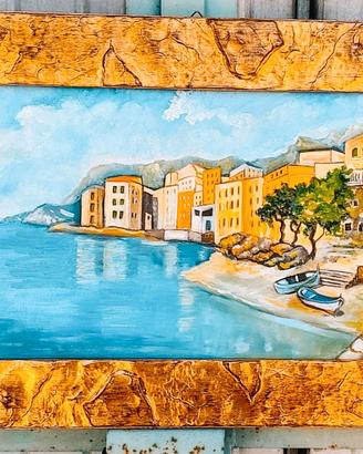 Quadro con Amalfi dipinto a mano su tela firmato.