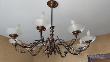 Lampadario Classico a 10 Luci in Ottone e Vetro