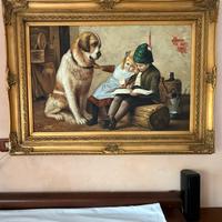 Quadro olio su tela bambini con cane Varlese