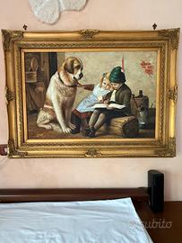 Quadro olio su tela bambini con cane Varlese