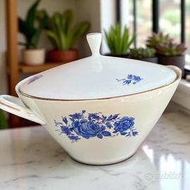 Zuppiera Vintage con Rose Blu e Bordo Oro