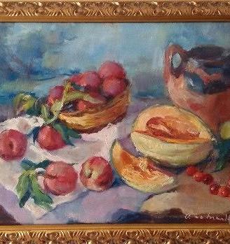"Tavola imbandita di frutta e anfora" olio su tela