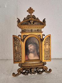 Icona d'altare in ottone con dipinto XX Secolo