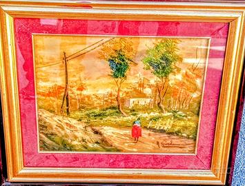 Quadro con paesaggio dipinto a mano firmato.