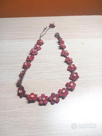 Bracciale marrone con fiori rossi bordeaux donna