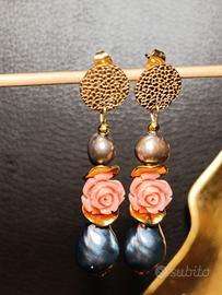 orecchini  perla naturale,corallo rosa,acciaio